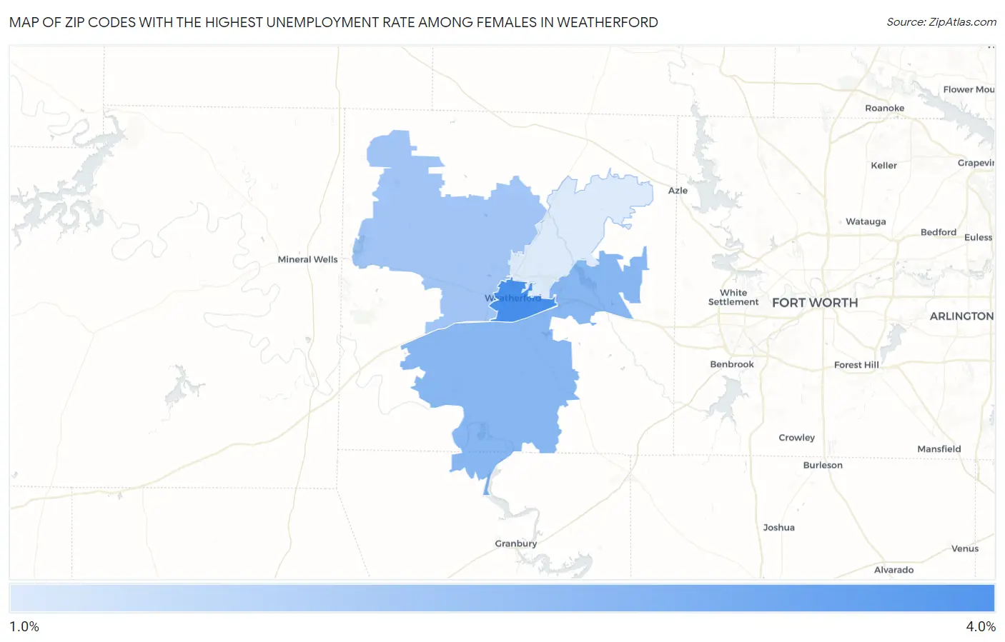 Zip Codes with the Highest Unemployment Rate Among Females in Weatherford Map