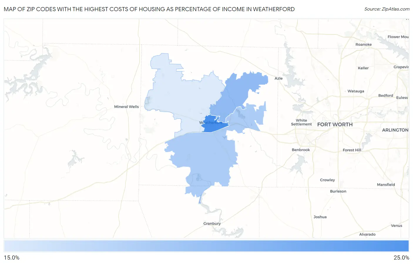 Zip Codes with the Highest Costs of Housing as Percentage of Income in Weatherford Map