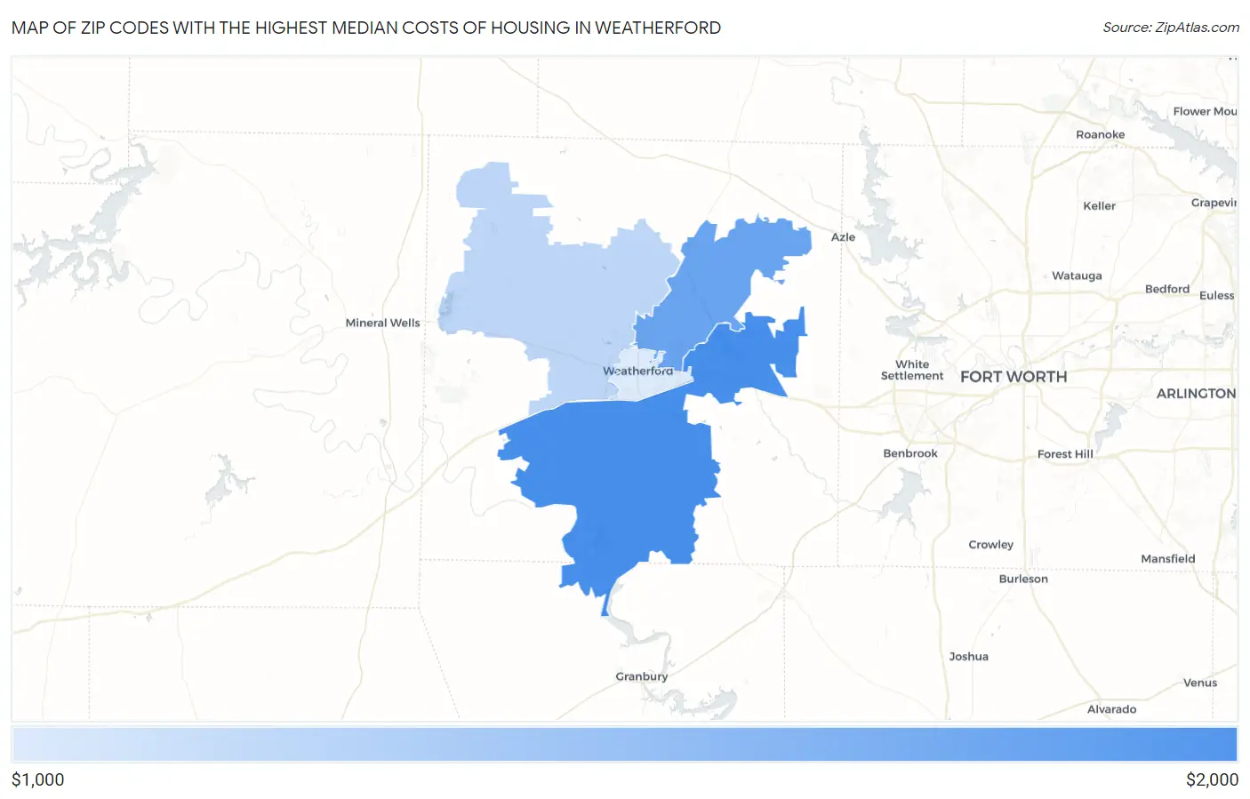 Zip Codes with the Highest Median Costs of Housing in Weatherford Map
