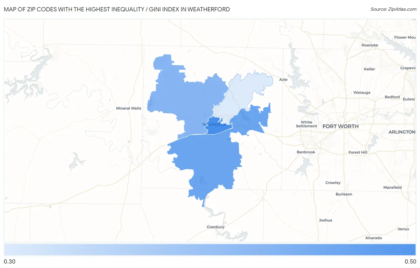 Zip Codes with the Highest Inequality / Gini Index in Weatherford Map