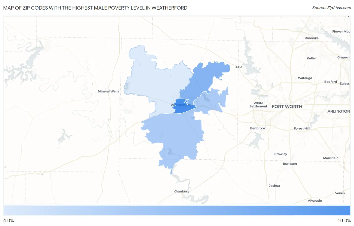 Zip Codes with the Highest Male Poverty Level in Weatherford Map