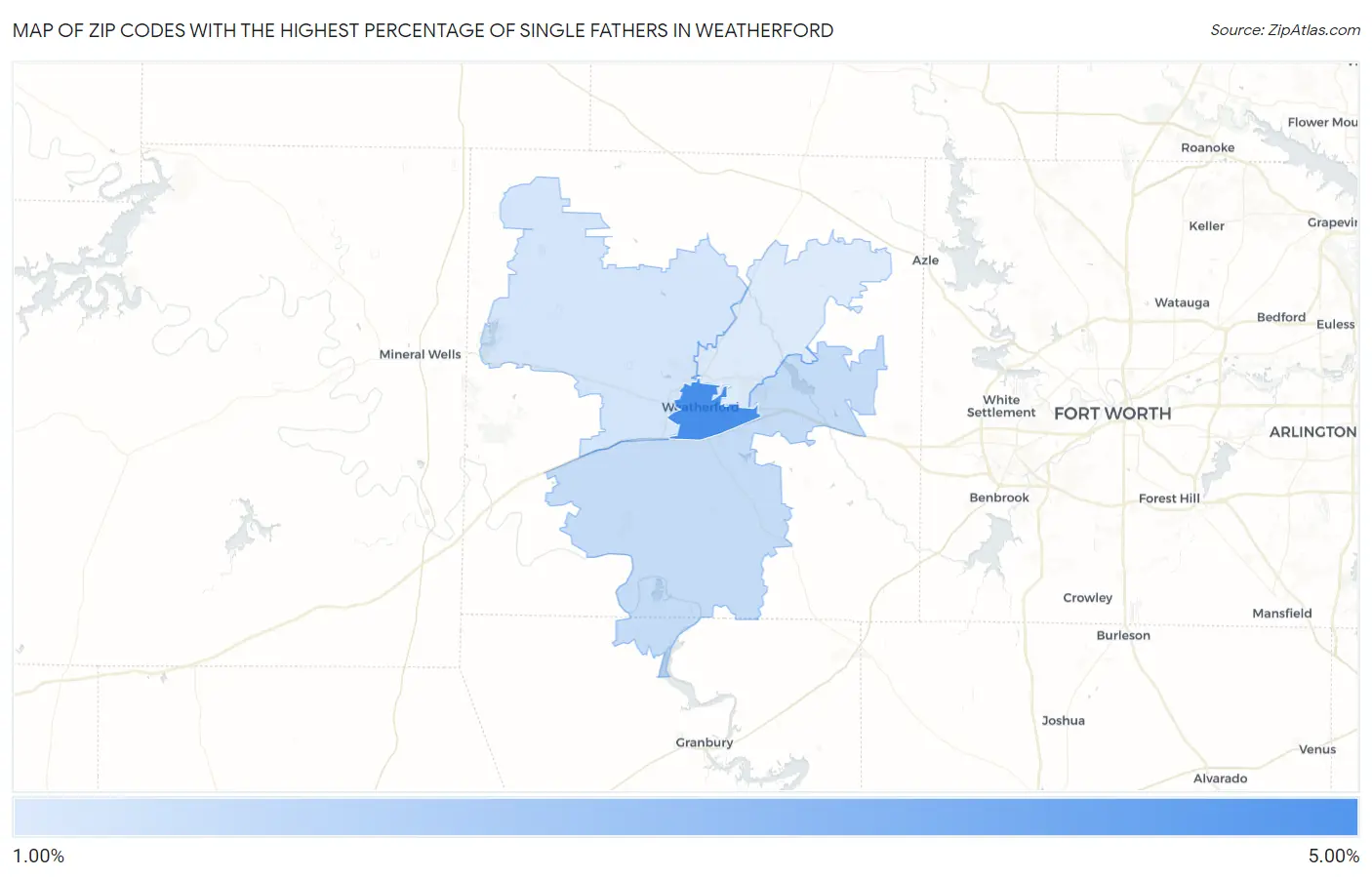 Zip Codes with the Highest Percentage of Single Fathers in Weatherford Map