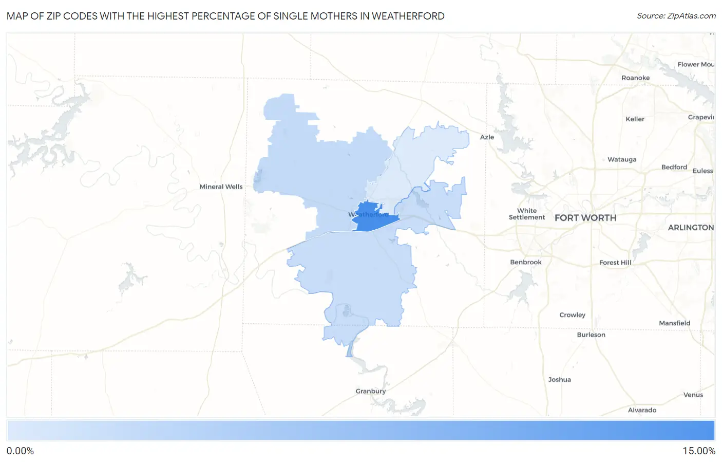 Zip Codes with the Highest Percentage of Single Mothers in Weatherford Map