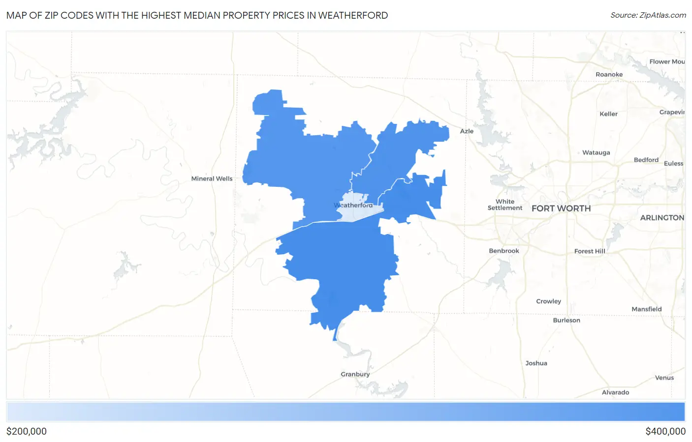 Zip Codes with the Highest Median Property Prices in Weatherford Map
