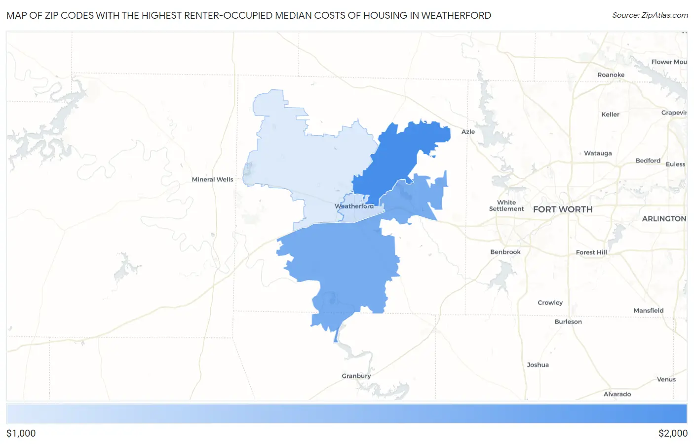 Zip Codes with the Highest Renter-Occupied Median Costs of Housing in Weatherford Map