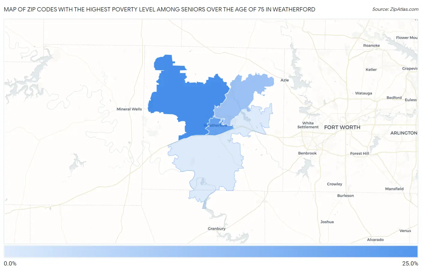 Zip Codes with the Highest Poverty Level Among Seniors Over the Age of 75 in Weatherford Map