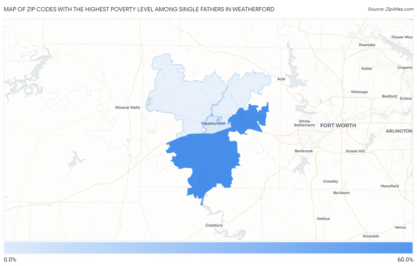 Zip Codes with the Highest Poverty Level Among Single Fathers in Weatherford Map