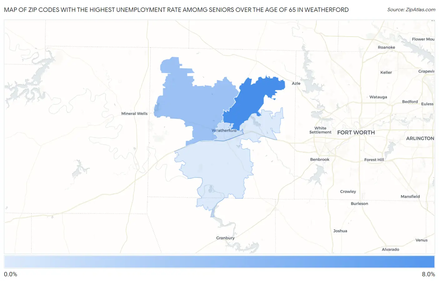 Zip Codes with the Highest Unemployment Rate Amomg Seniors Over the Age of 65 in Weatherford Map