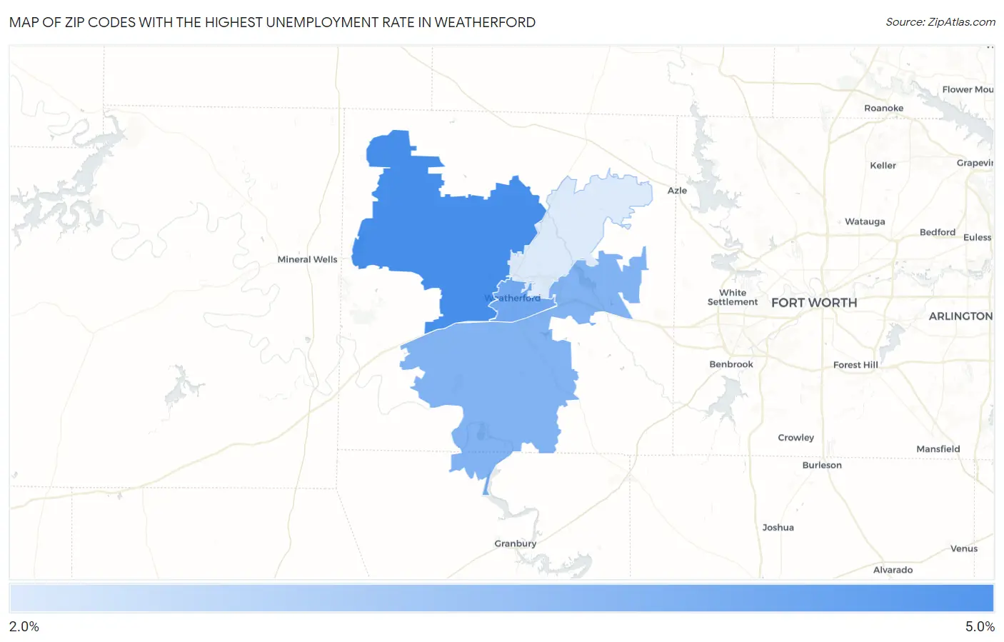 Zip Codes with the Highest Unemployment Rate in Weatherford Map