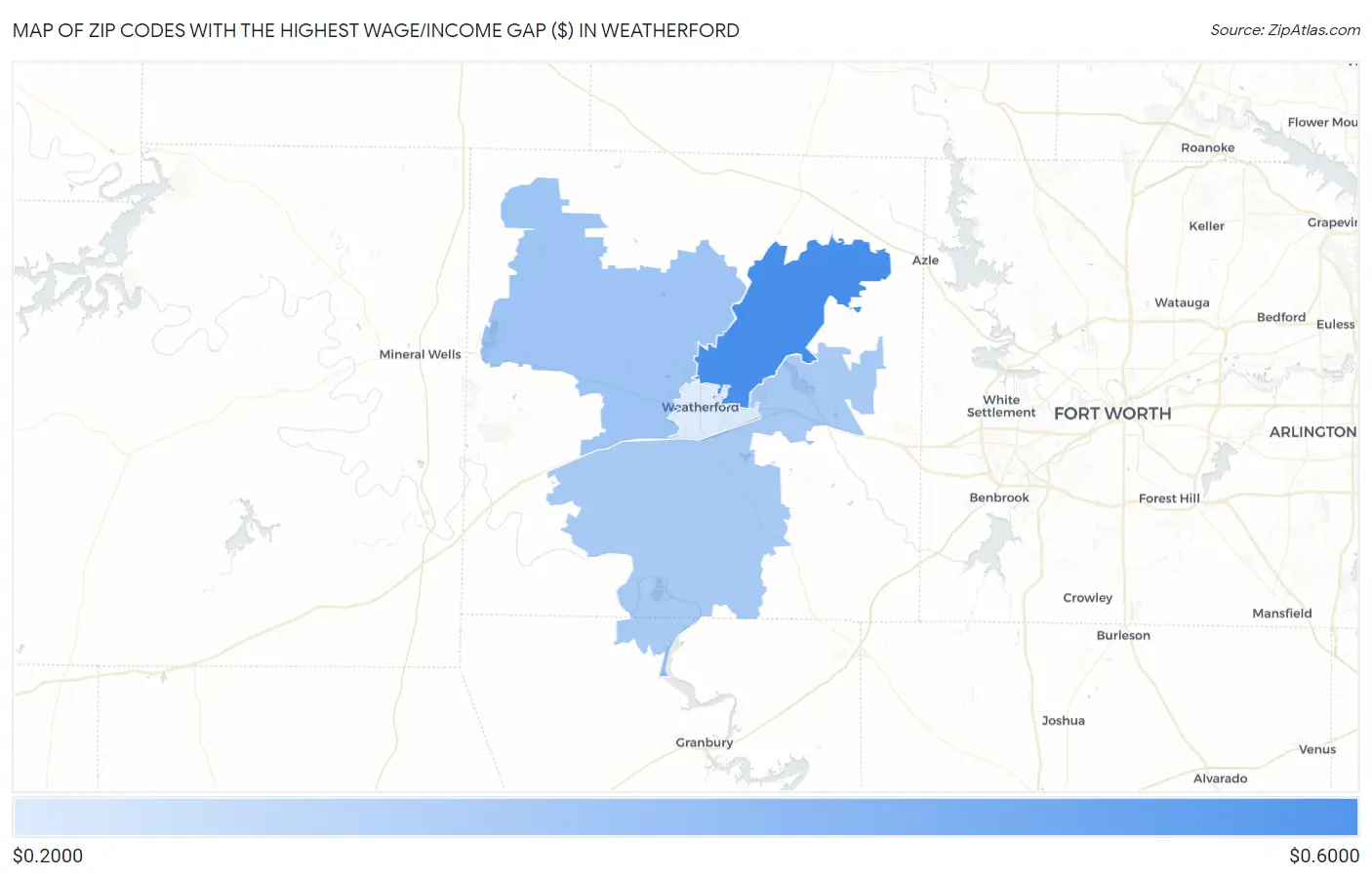 Zip Codes with the Highest Wage/Income Gap ($) in Weatherford Map