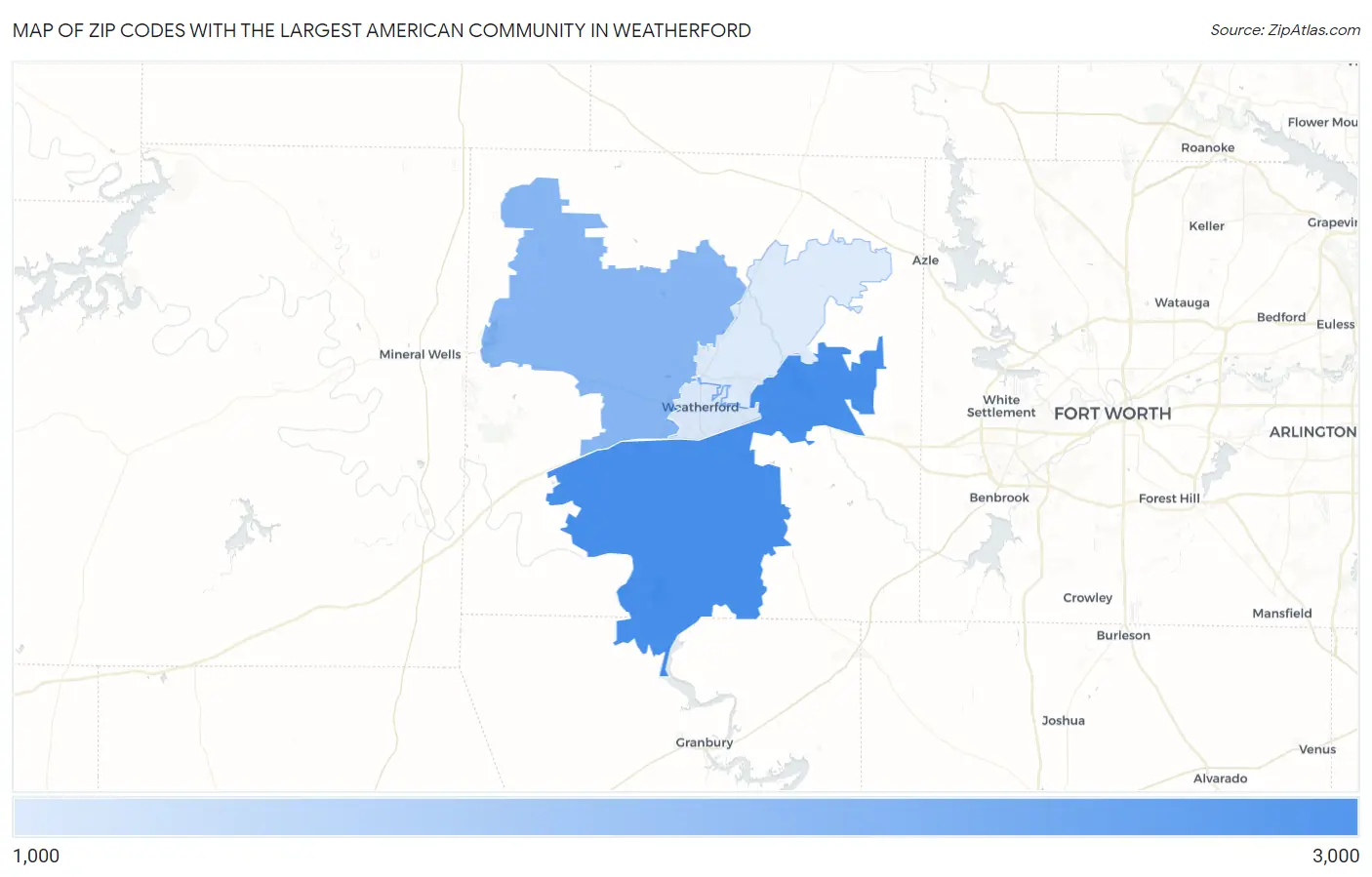 Zip Codes with the Largest American Community in Weatherford Map