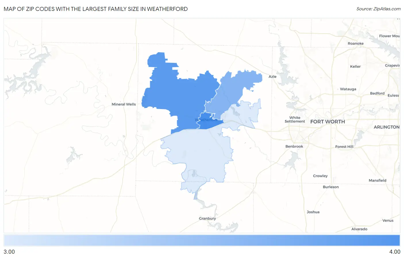 Zip Codes with the Largest Family Size in Weatherford Map