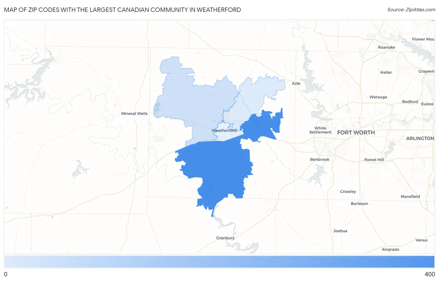 Zip Codes with the Largest Canadian Community in Weatherford Map