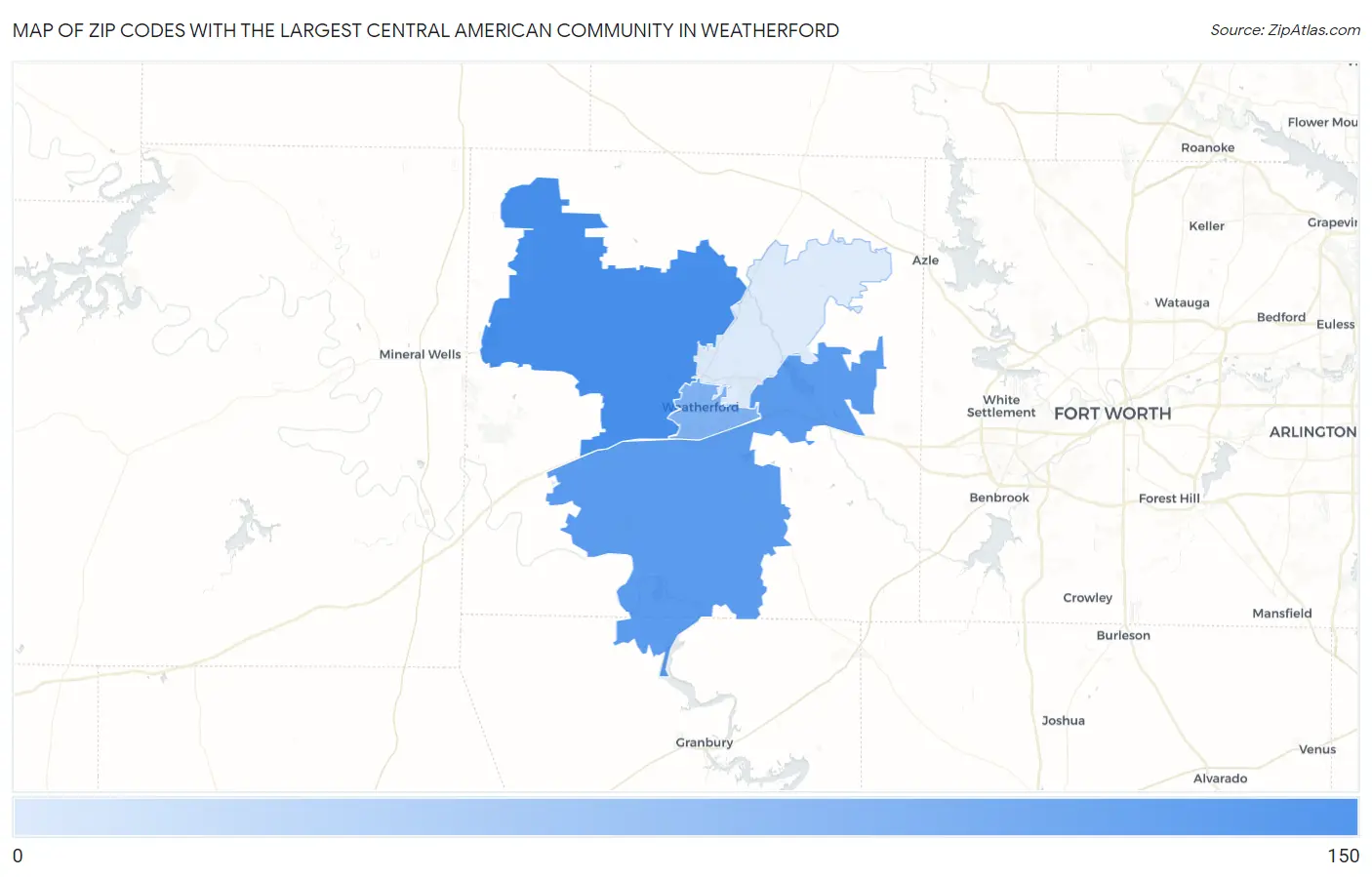 Zip Codes with the Largest Central American Community in Weatherford Map