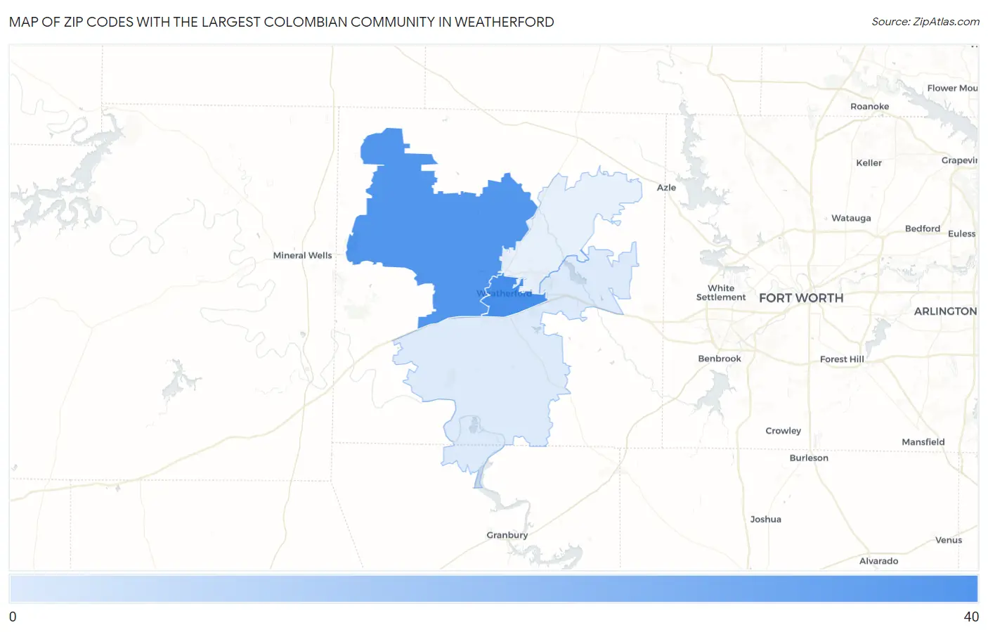 Zip Codes with the Largest Colombian Community in Weatherford Map