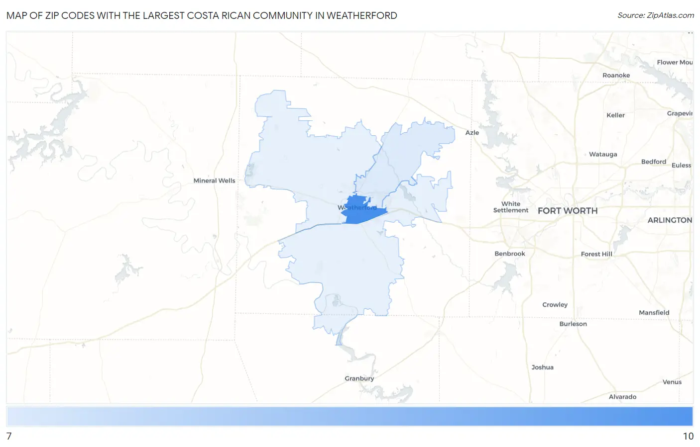 Zip Codes with the Largest Costa Rican Community in Weatherford Map