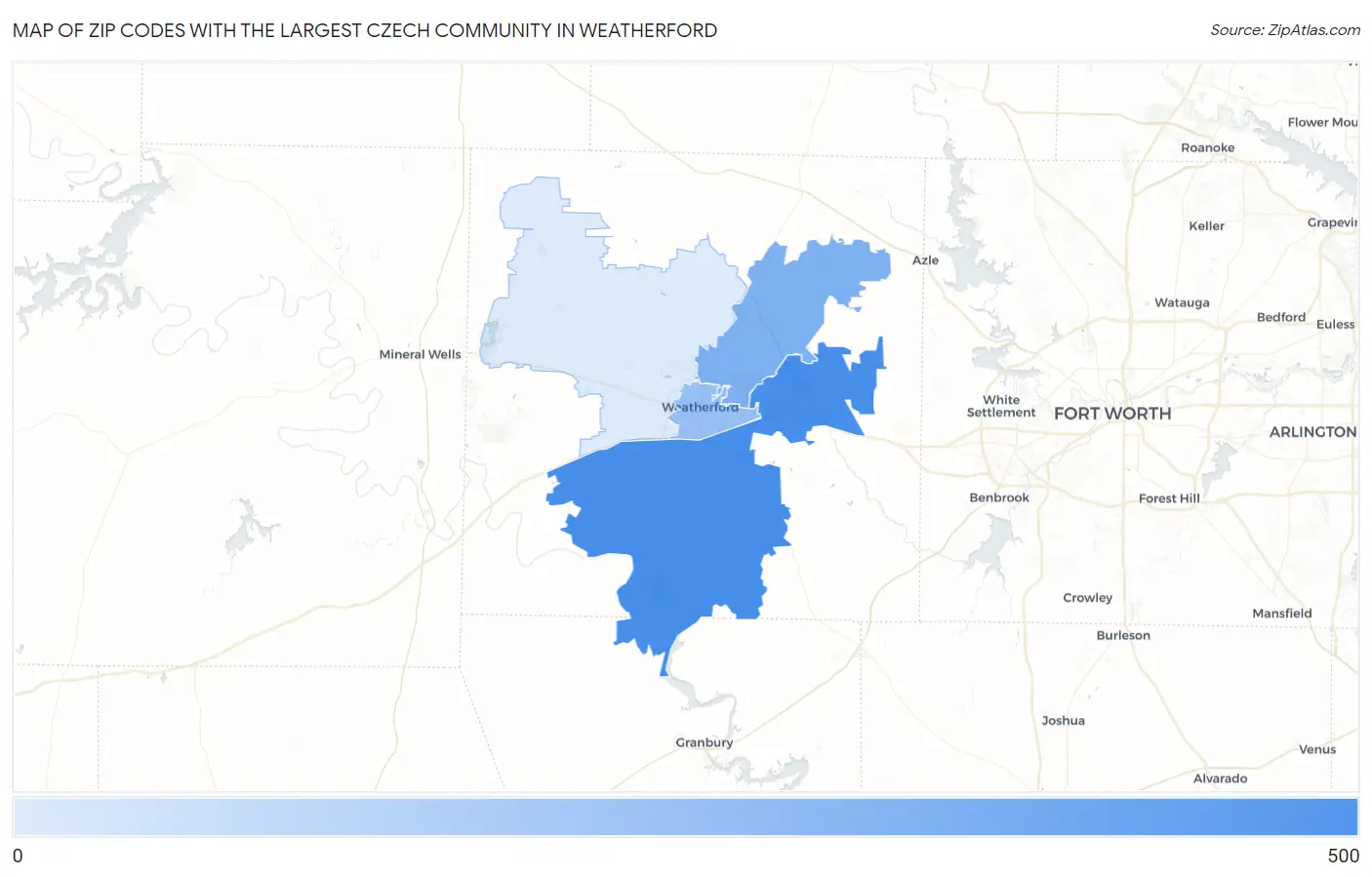 Zip Codes with the Largest Czech Community in Weatherford Map