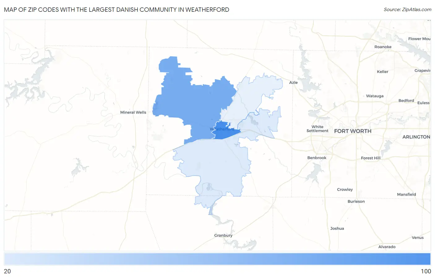 Zip Codes with the Largest Danish Community in Weatherford Map