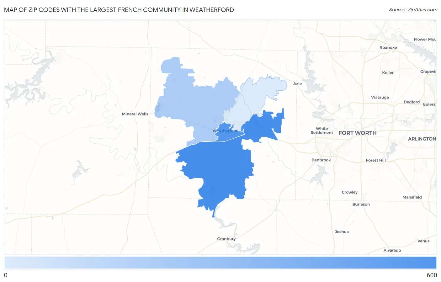 Zip Codes with the Largest French Community in Weatherford Map