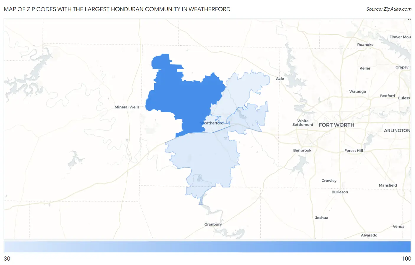Zip Codes with the Largest Honduran Community in Weatherford Map