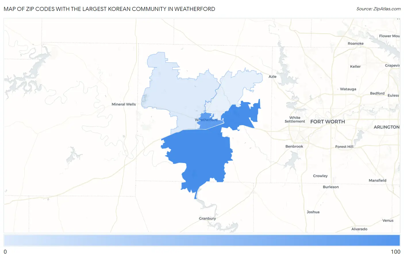 Zip Codes with the Largest Korean Community in Weatherford Map