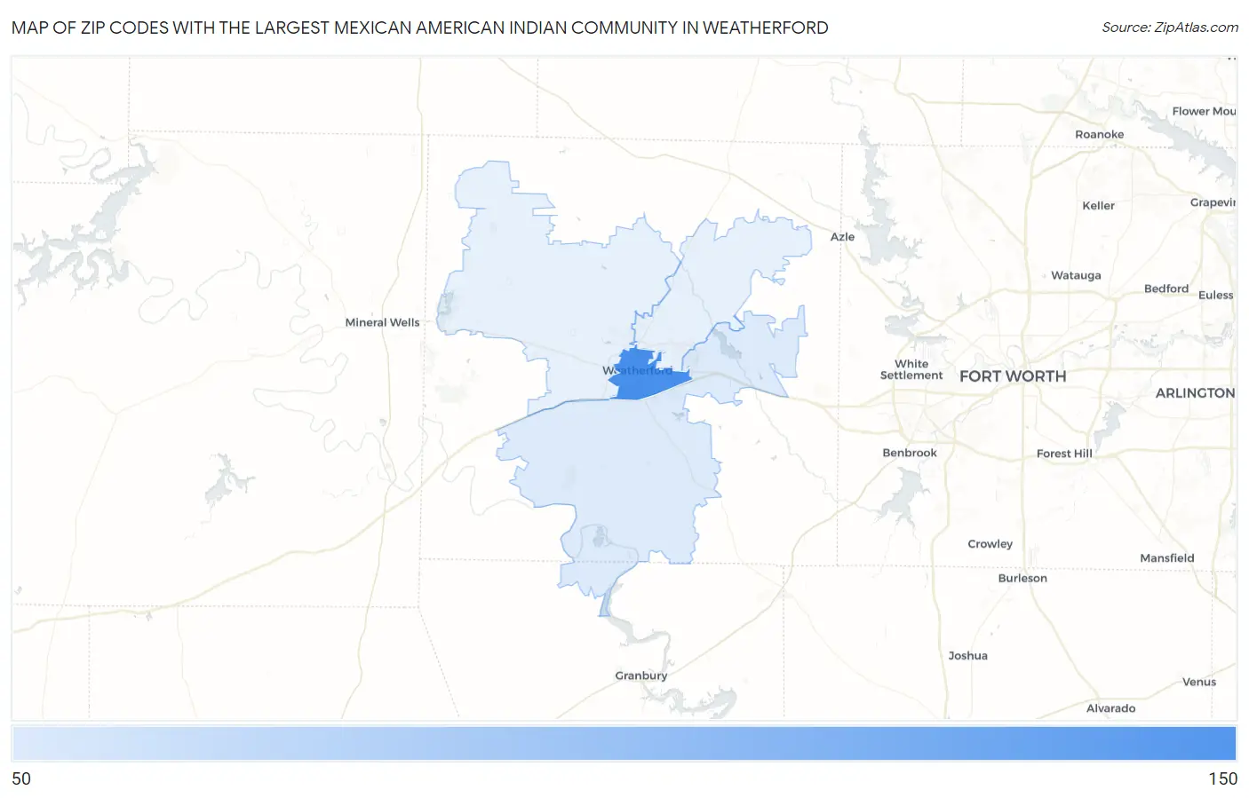 Zip Codes with the Largest Mexican American Indian Community in Weatherford Map