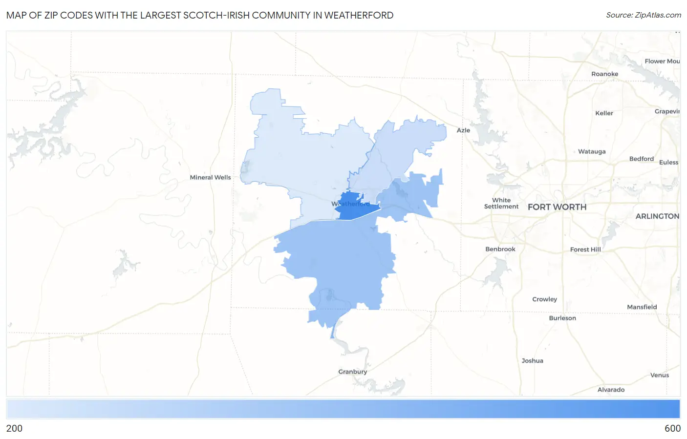 Zip Codes with the Largest Scotch-Irish Community in Weatherford Map