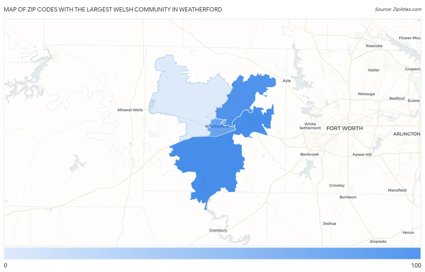 Zip Codes with the Largest Welsh Community in Weatherford Map