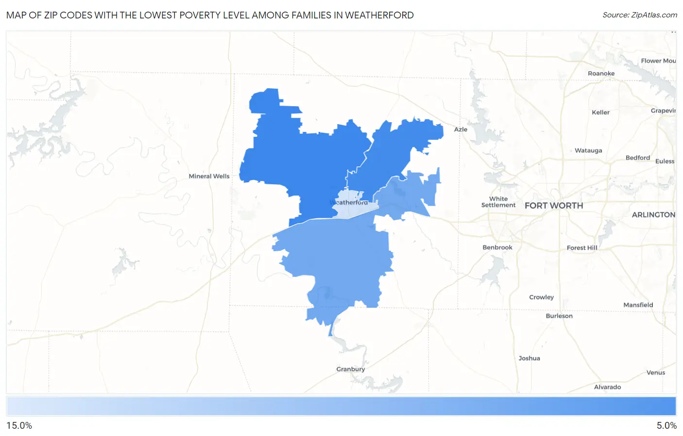 Zip Codes with the Lowest Poverty Level Among Families in Weatherford Map