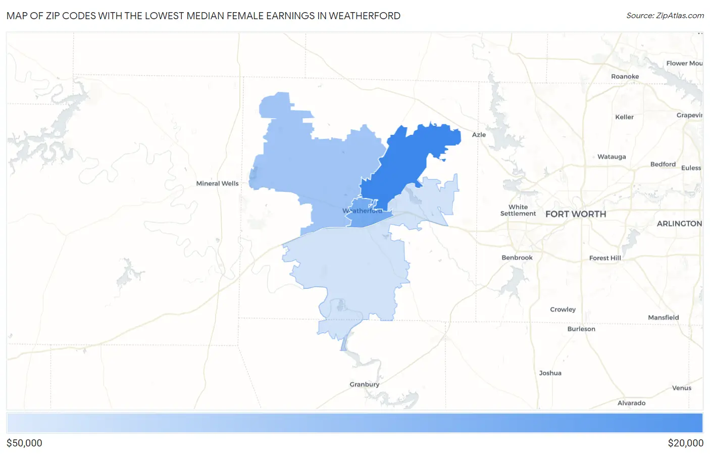Zip Codes with the Lowest Median Female Earnings in Weatherford Map