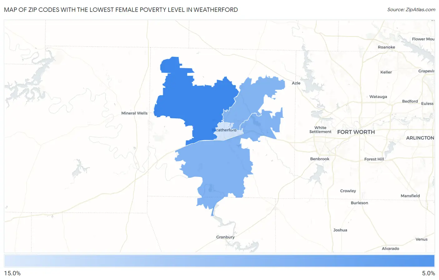 Zip Codes with the Lowest Female Poverty Level in Weatherford Map