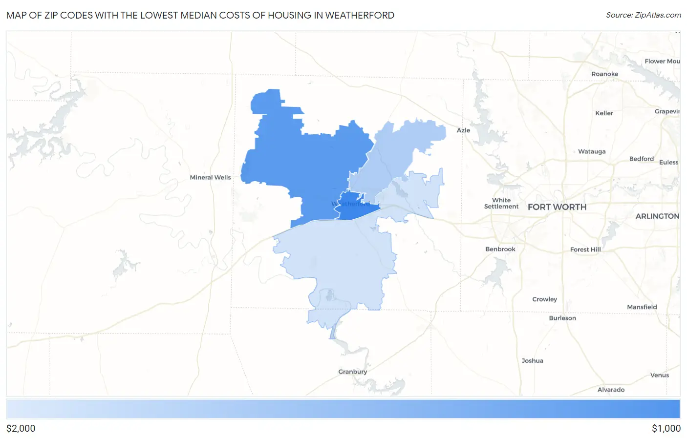 Zip Codes with the Lowest Median Costs of Housing in Weatherford Map