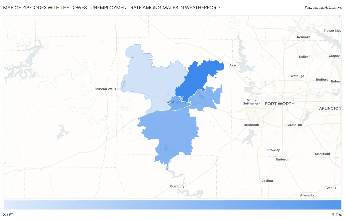 Zip Codes with the Lowest Unemployment Rate Among Males in Weatherford Map
