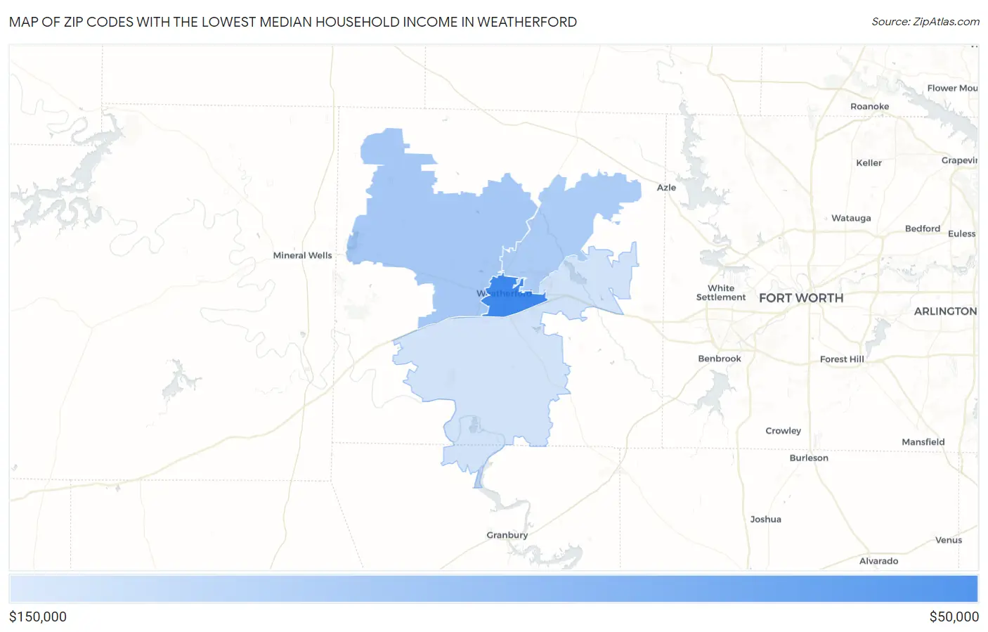 Zip Codes with the Lowest Median Household Income in Weatherford Map