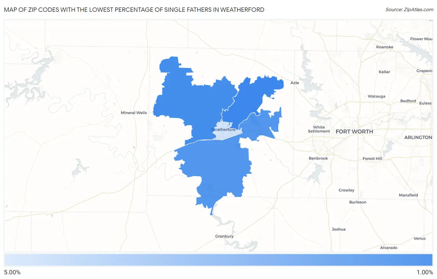Zip Codes with the Lowest Percentage of Single Fathers in Weatherford Map