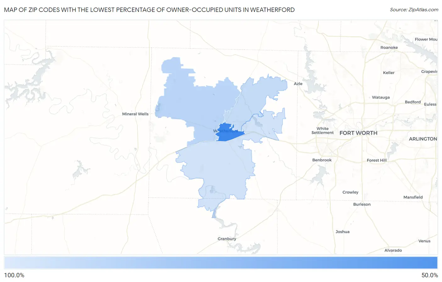 Zip Codes with the Lowest Percentage of Owner-Occupied Units in Weatherford Map