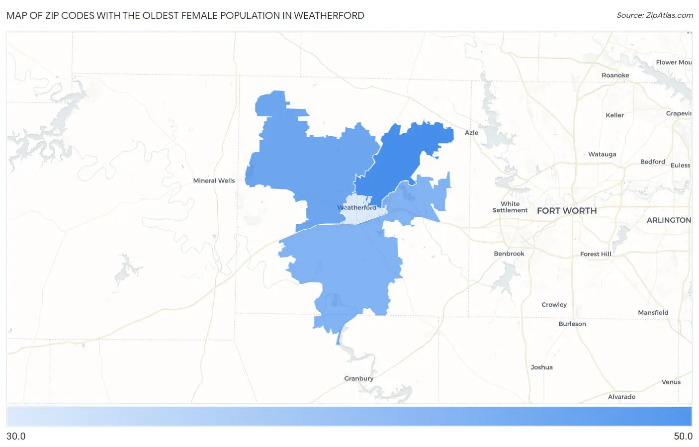 Zip Codes with the Oldest Female Population in Weatherford Map