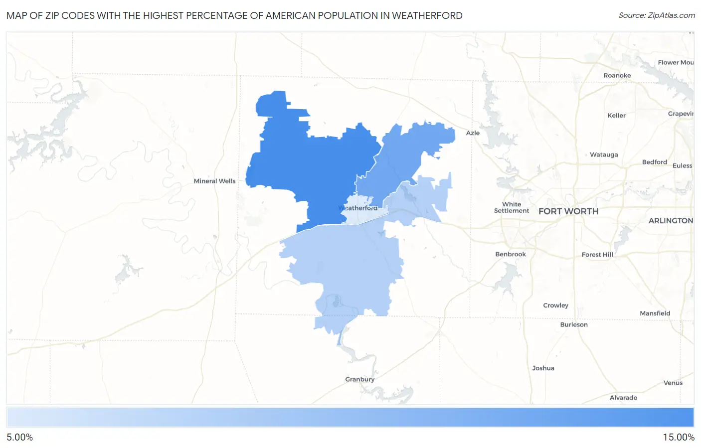Zip Codes with the Highest Percentage of American Population in Weatherford Map