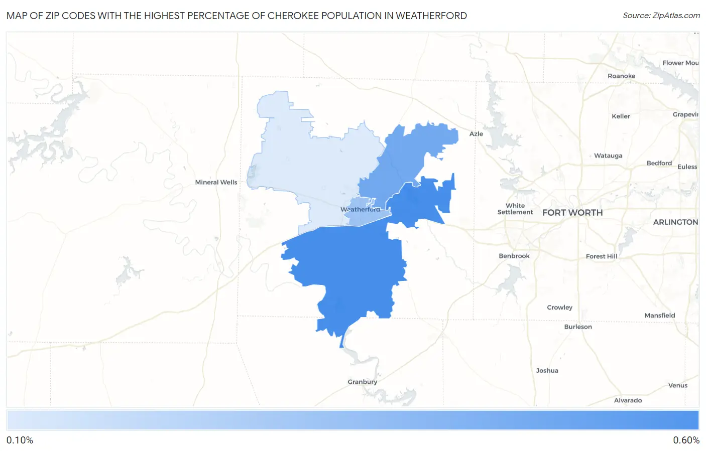 Zip Codes with the Highest Percentage of Cherokee Population in Weatherford Map