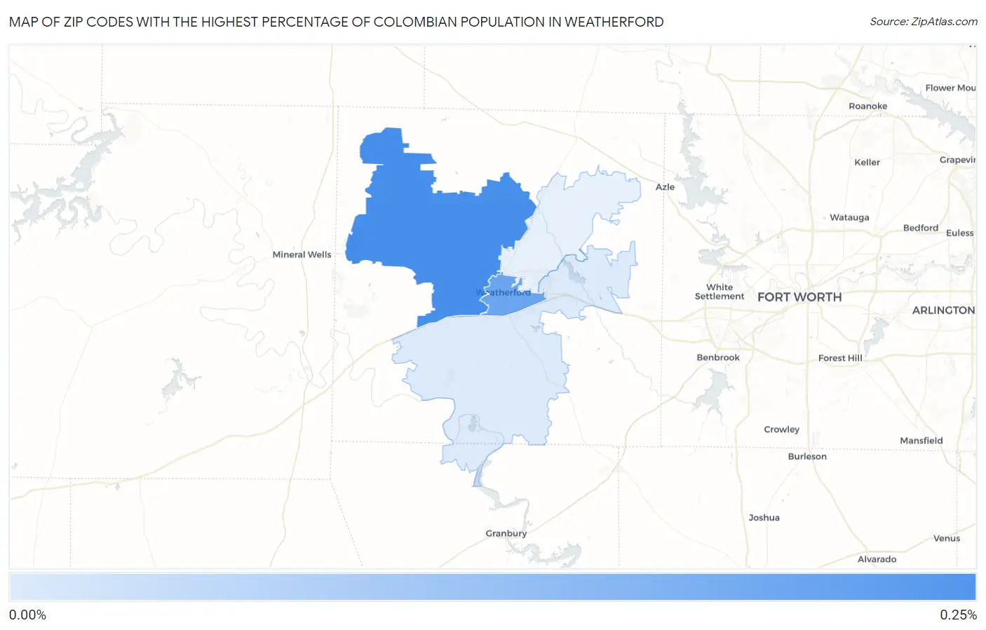 Zip Codes with the Highest Percentage of Colombian Population in Weatherford Map