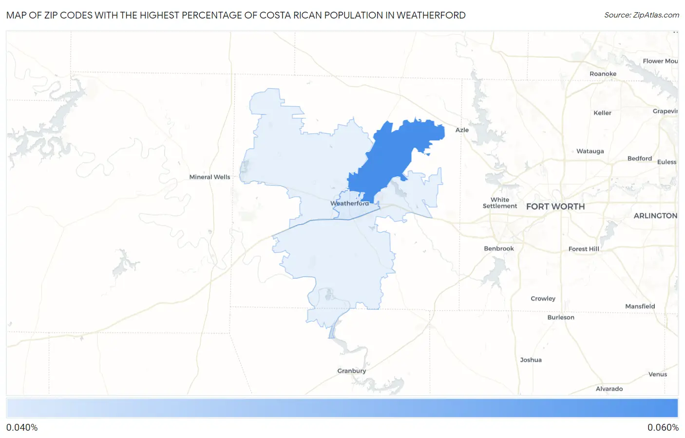 Zip Codes with the Highest Percentage of Costa Rican Population in Weatherford Map