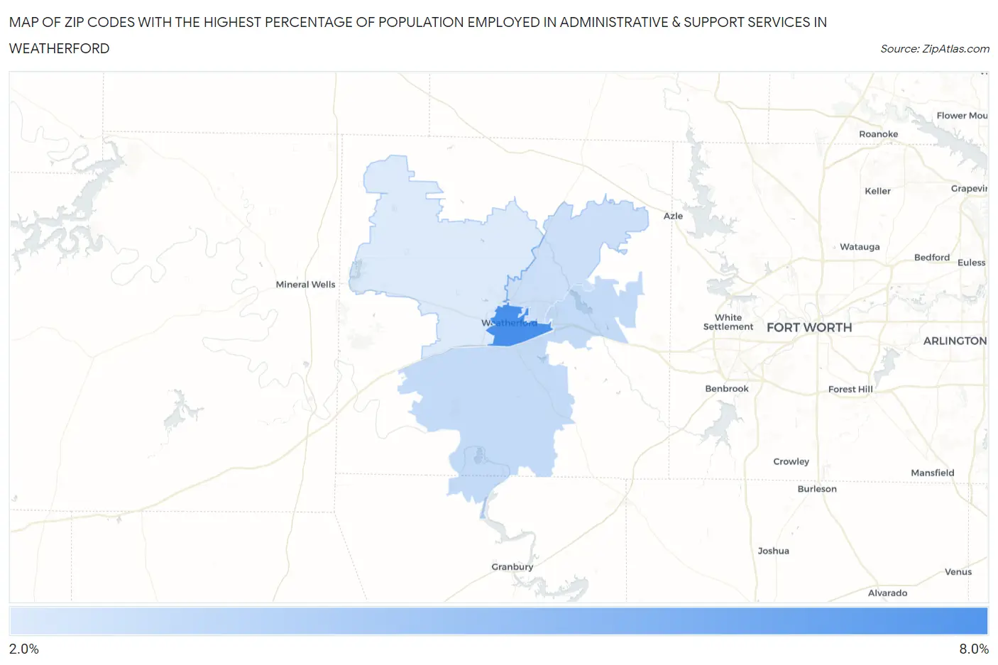 Zip Codes with the Highest Percentage of Population Employed in Administrative & Support Services in Weatherford Map