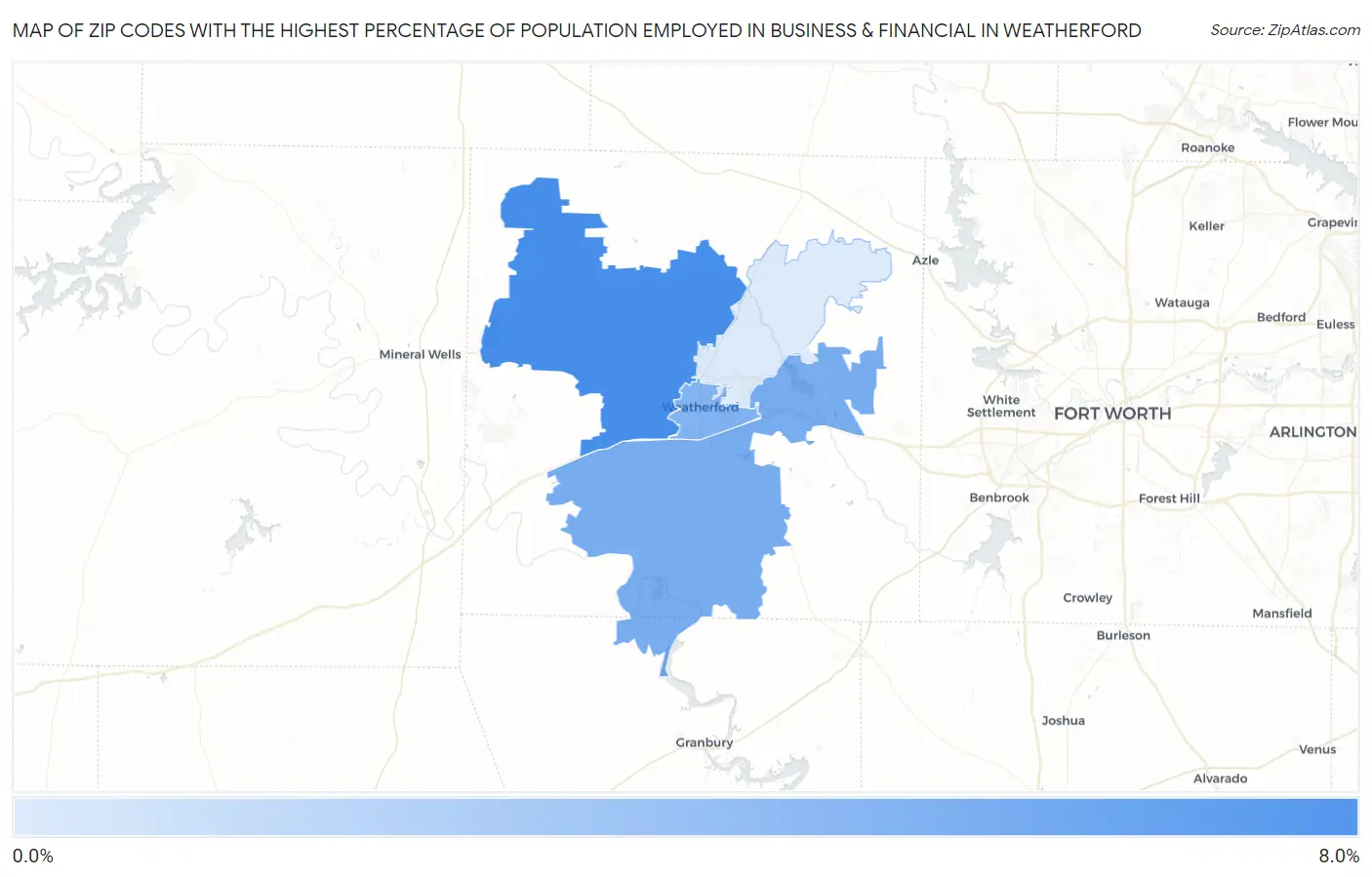 Zip Codes with the Highest Percentage of Population Employed in Business & Financial in Weatherford Map