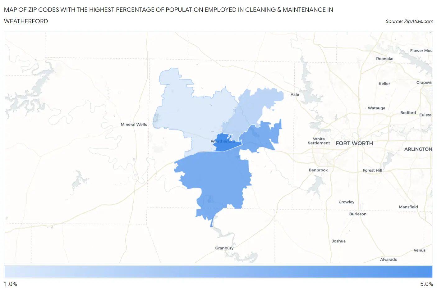Zip Codes with the Highest Percentage of Population Employed in Cleaning & Maintenance in Weatherford Map