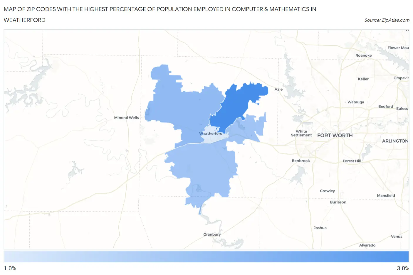 Zip Codes with the Highest Percentage of Population Employed in Computer & Mathematics in Weatherford Map