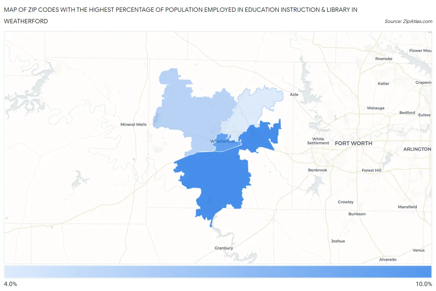 Zip Codes with the Highest Percentage of Population Employed in Education Instruction & Library in Weatherford Map