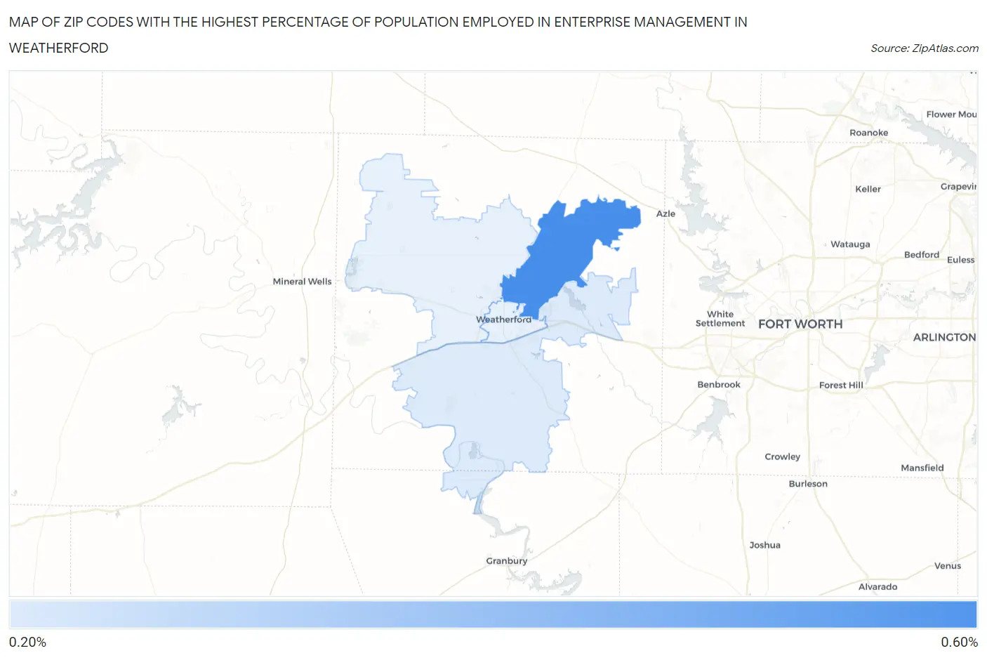 Zip Codes with the Highest Percentage of Population Employed in Enterprise Management in Weatherford Map