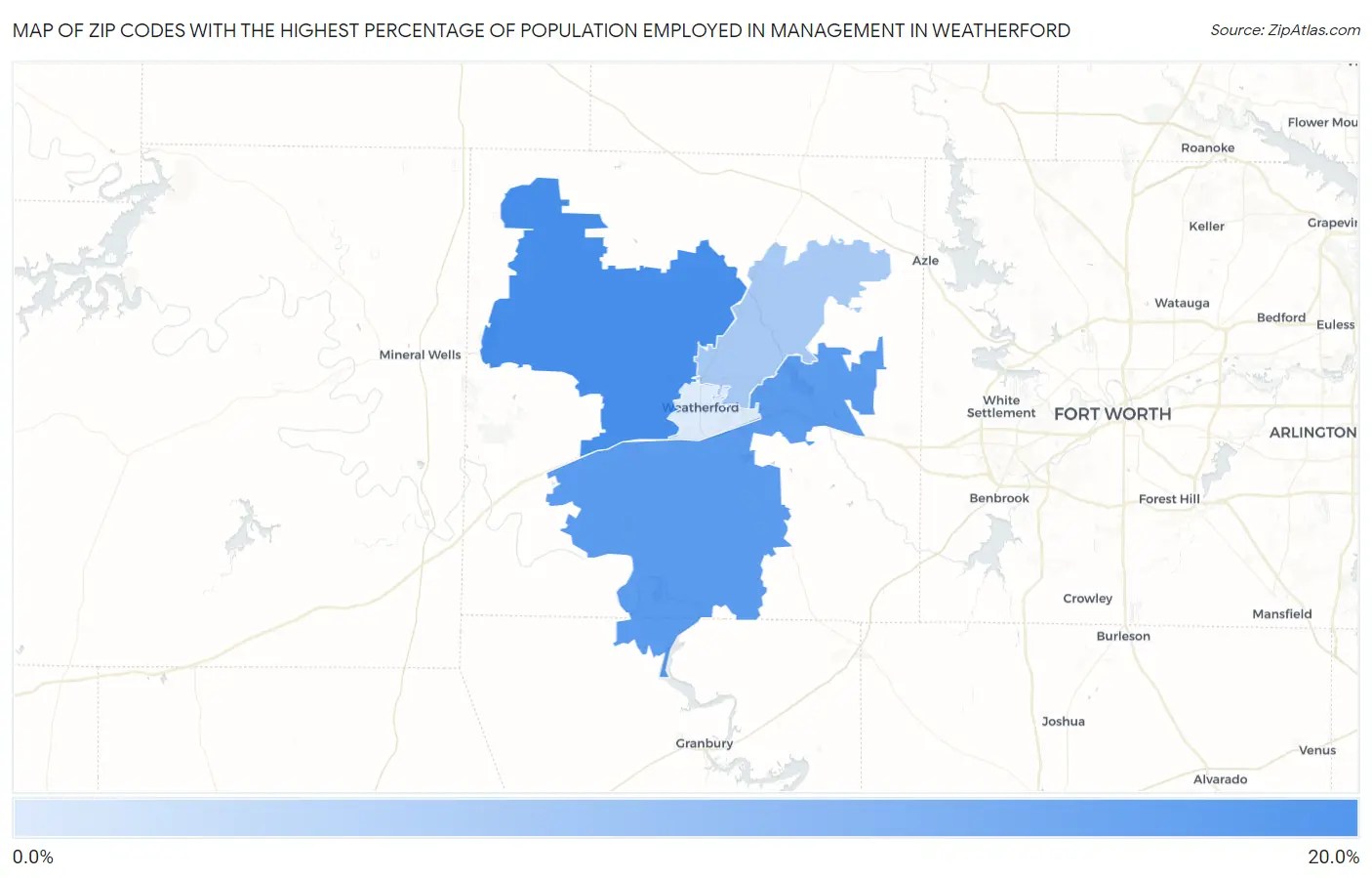 Zip Codes with the Highest Percentage of Population Employed in Management in Weatherford Map