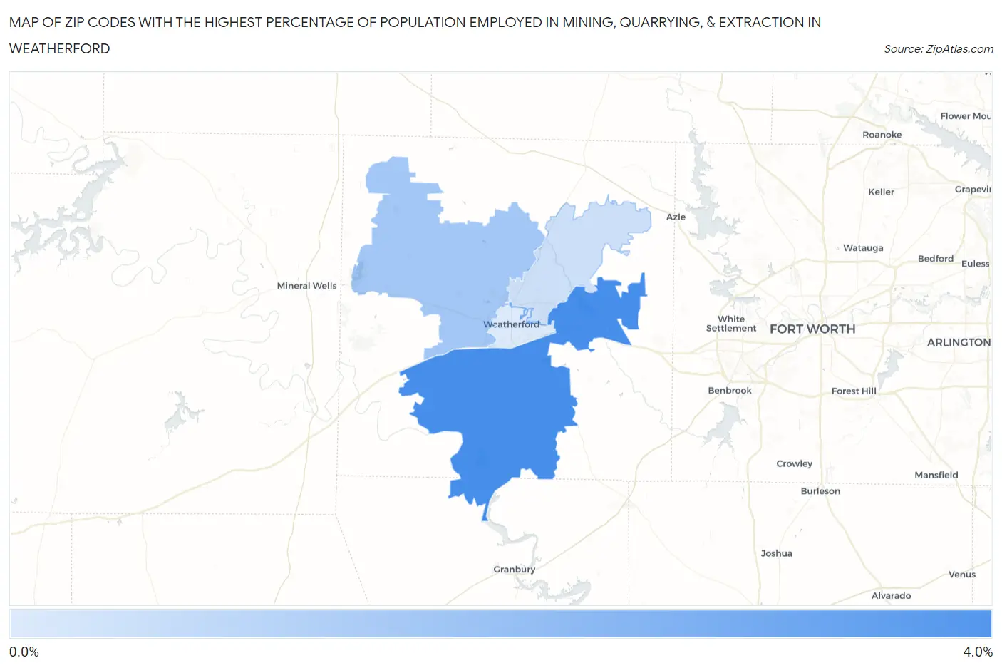 Zip Codes with the Highest Percentage of Population Employed in Mining, Quarrying, & Extraction in Weatherford Map