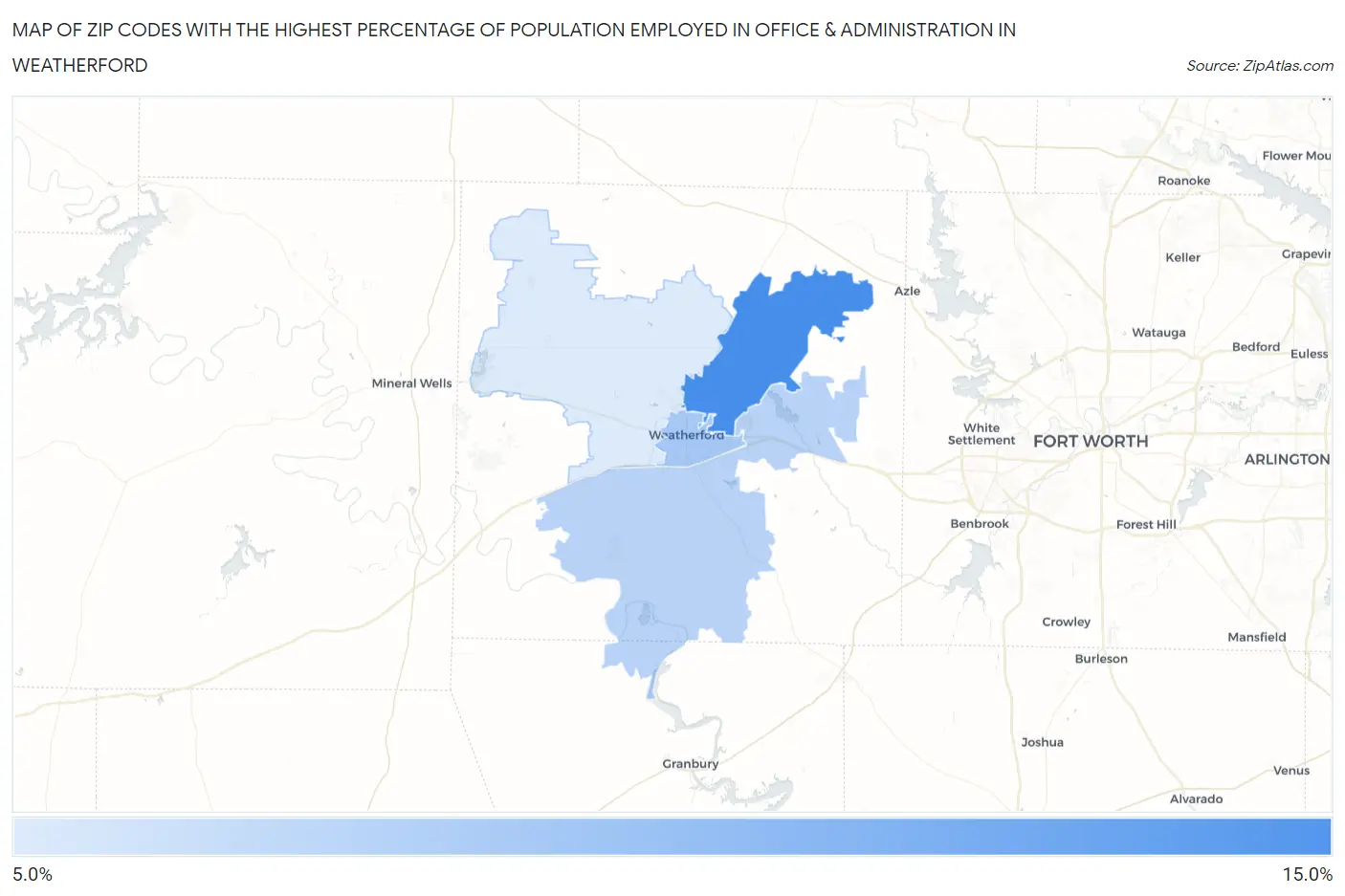 Zip Codes with the Highest Percentage of Population Employed in Office & Administration in Weatherford Map